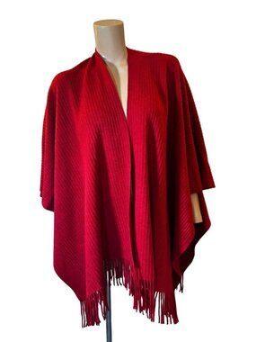 Womens Wrap Scarf Long Red Poncho Ribbed Fringe Solid Rectangle Long